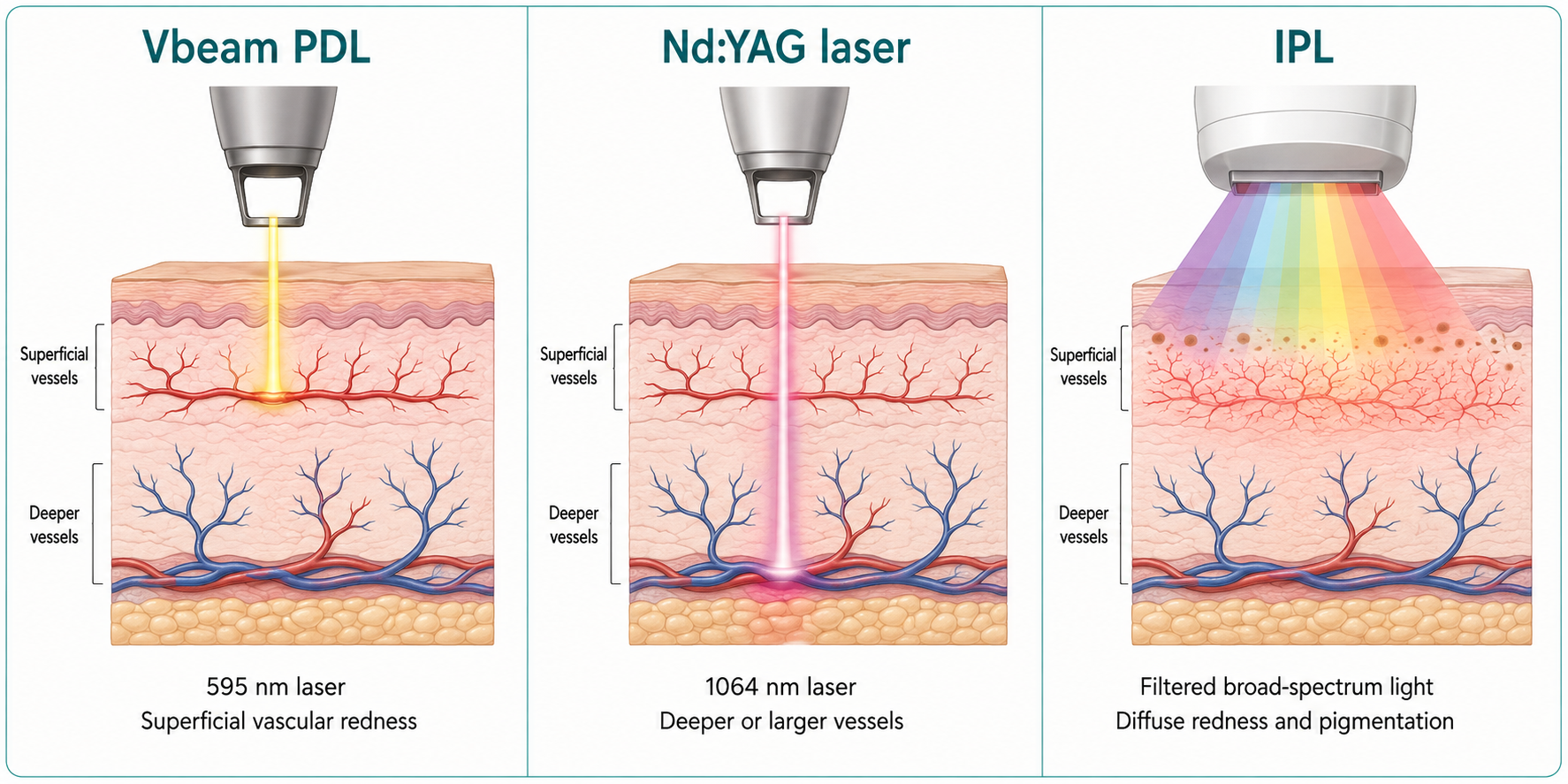 Comparison diagram showing Vbeam targeting superficial vascular redness, Nd:YAG laser reaching deeper vessels and IPL treating diffuse redness and pigmentation.