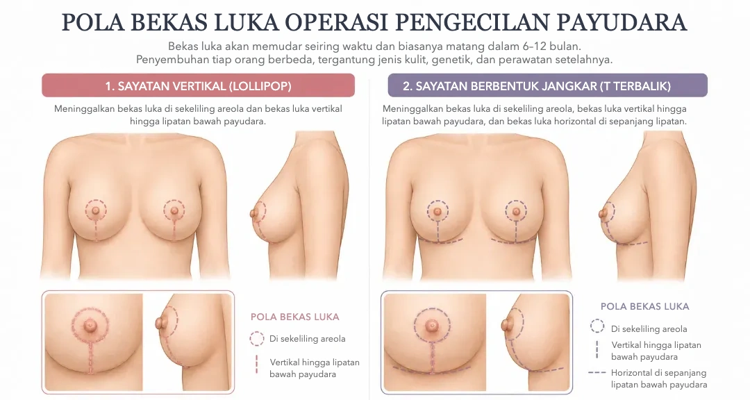 Pola bekas luka operasi pengecilan payudara: sayatan vertikal (lollipop) dan sayatan berbentuk jangkar (T terbalik)