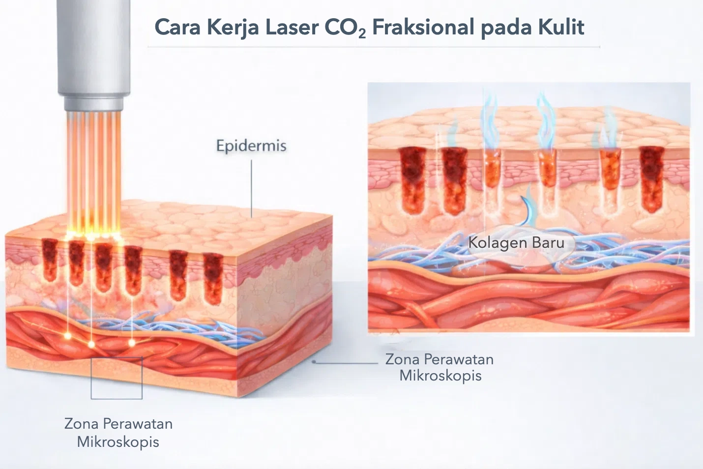 Cara kerja laser CO2 fraksional pada kulit: zona perawatan mikroskopis dan kolagen baru