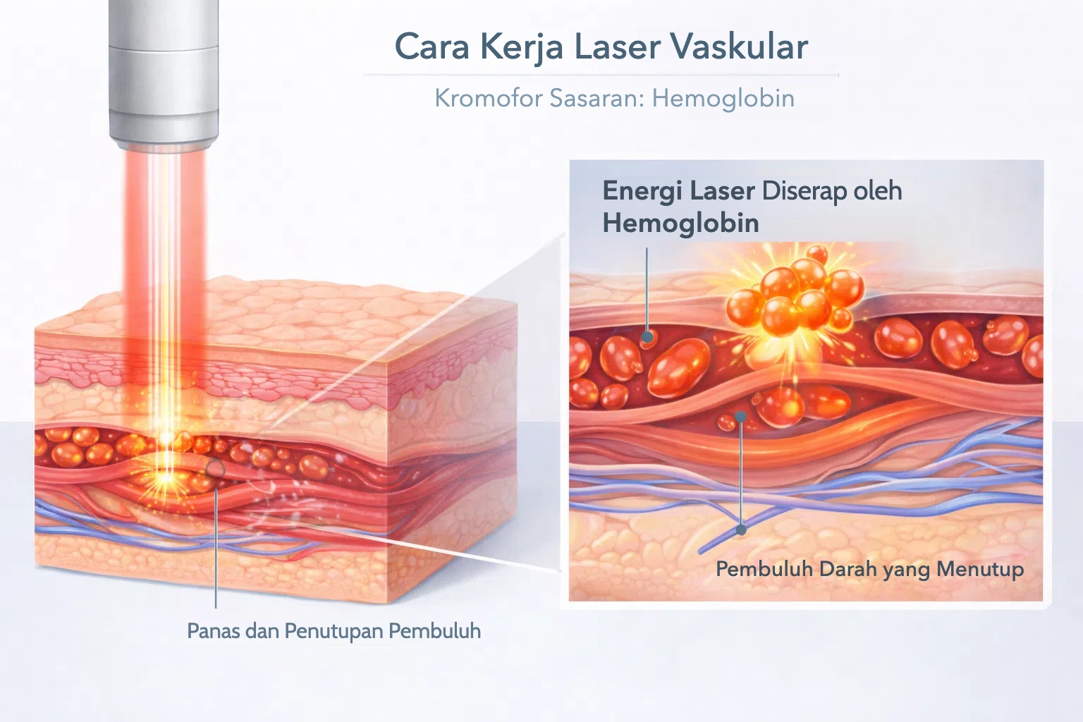 Cara kerja laser vaskular: energi laser diserap oleh hemoglobin dan pembuluh darah menutup