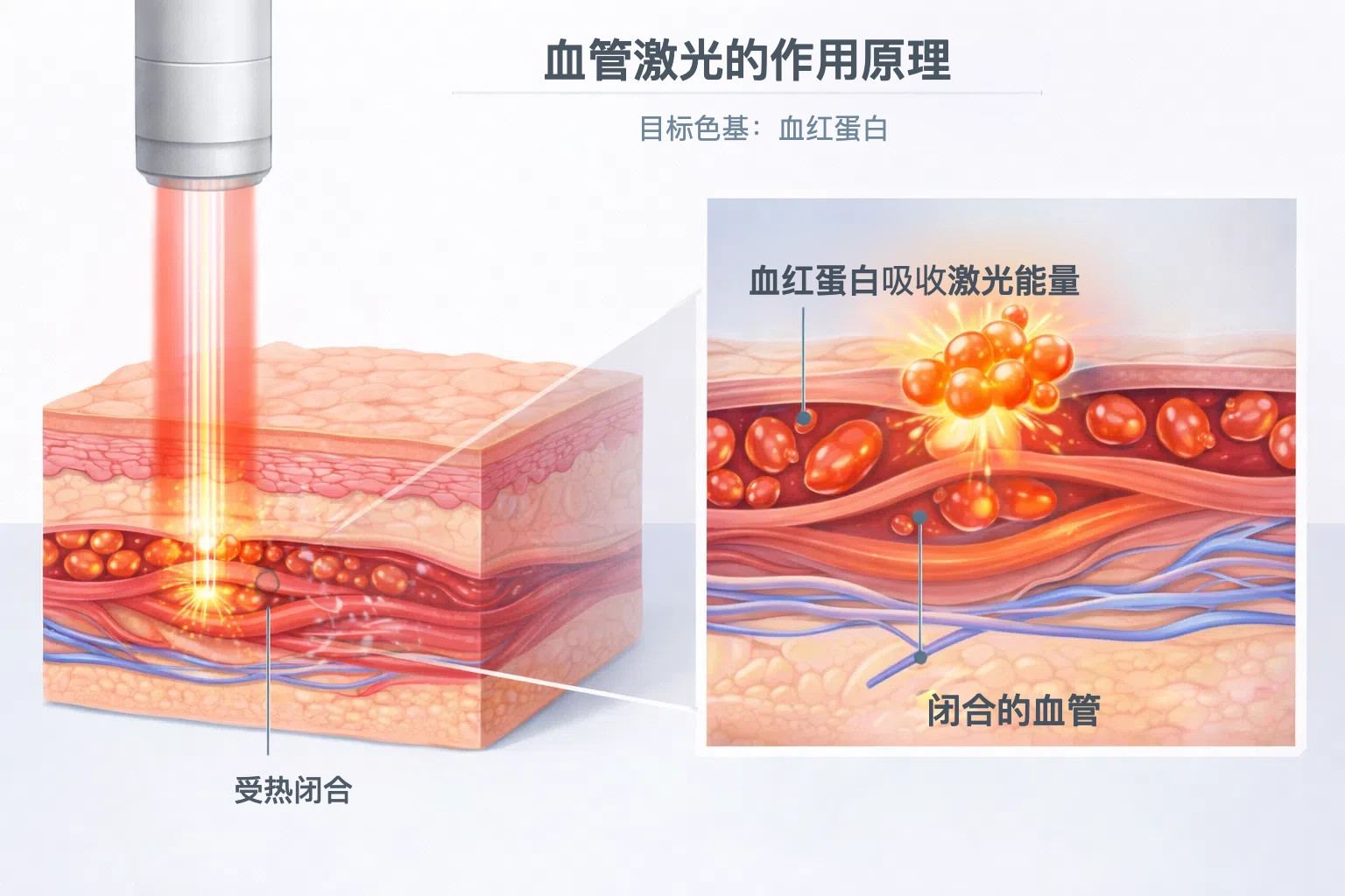 血管激光的作用原理：血红蛋白吸收激光能量