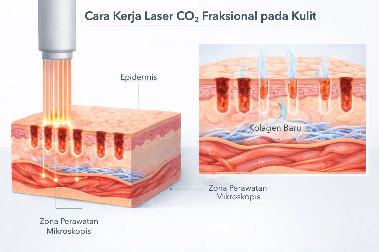 Cara kerja laser CO2 fraksional pada kulit: zona perawatan mikroskopis dan kolagen baru