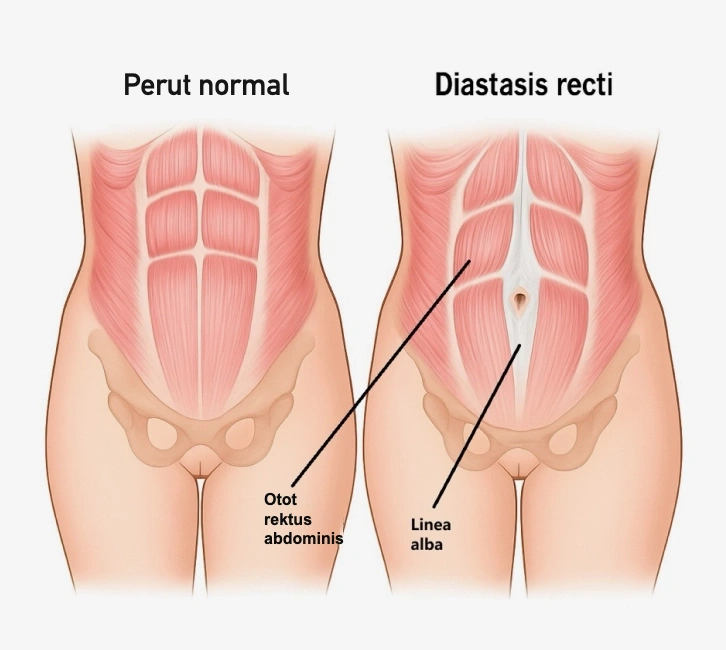 Perut normal dibandingkan diastasis recti: otot rektus abdominis dan linea alba