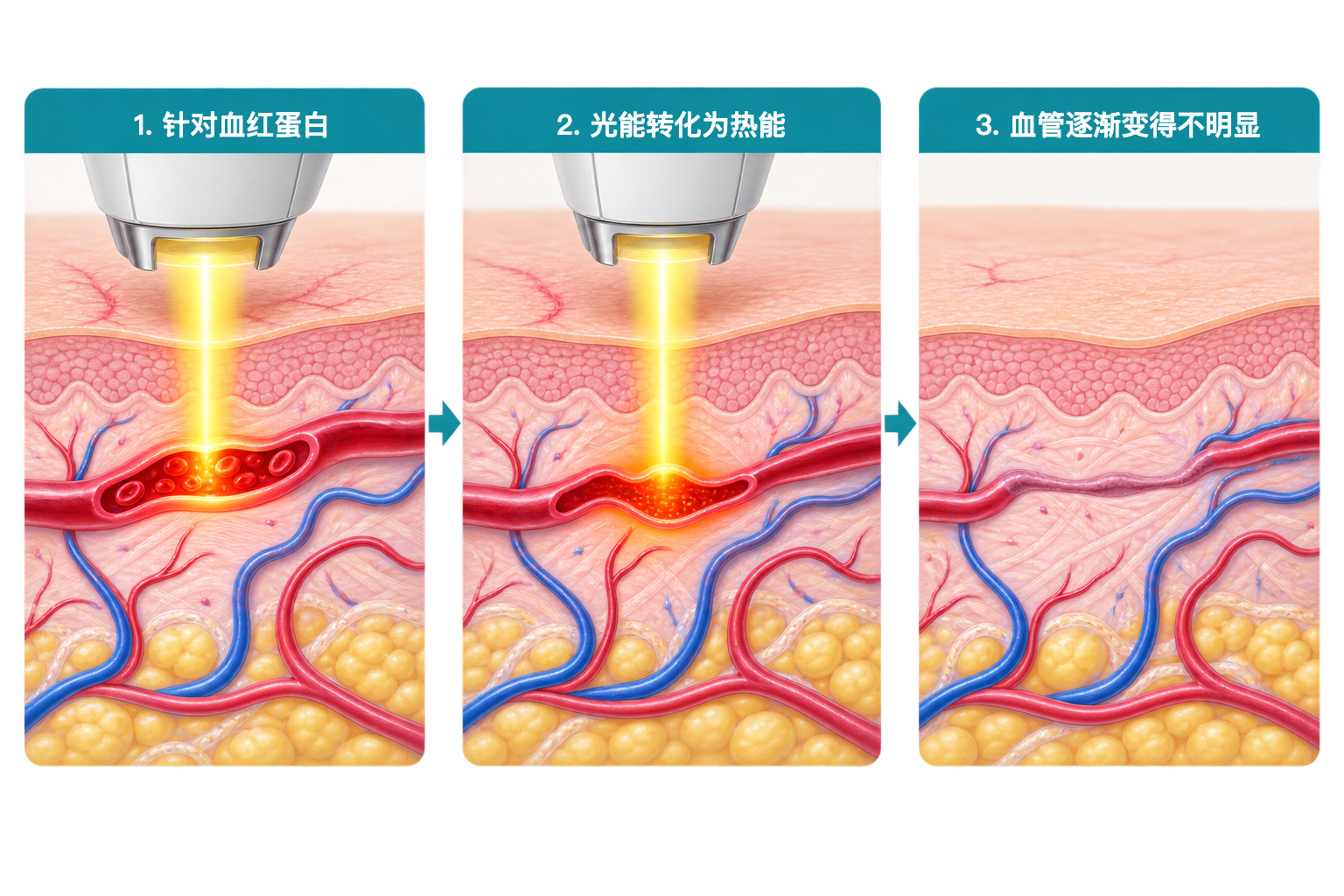 Vbeam 治疗三个步骤：针对血红蛋白，光能转化为热能，血管逐渐变得不明显