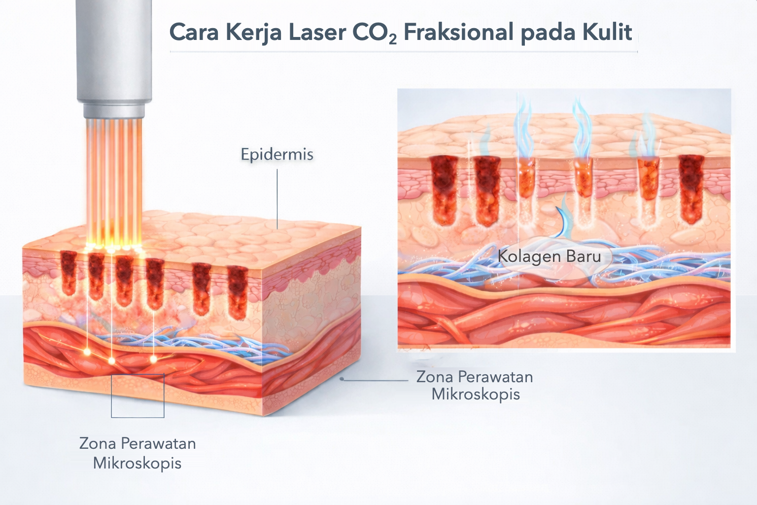 Cara kerja laser CO2 fraksional pada kulit: zona perawatan mikroskopis dan kolagen baru