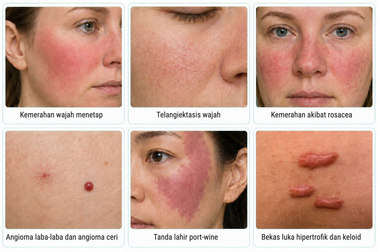 Kondisi yang dapat dirawat dengan laser Vbeam: kemerahan wajah, telangiektasis, rosacea, angioma, port-wine stain, bekas luka hipertrofik dan keloid