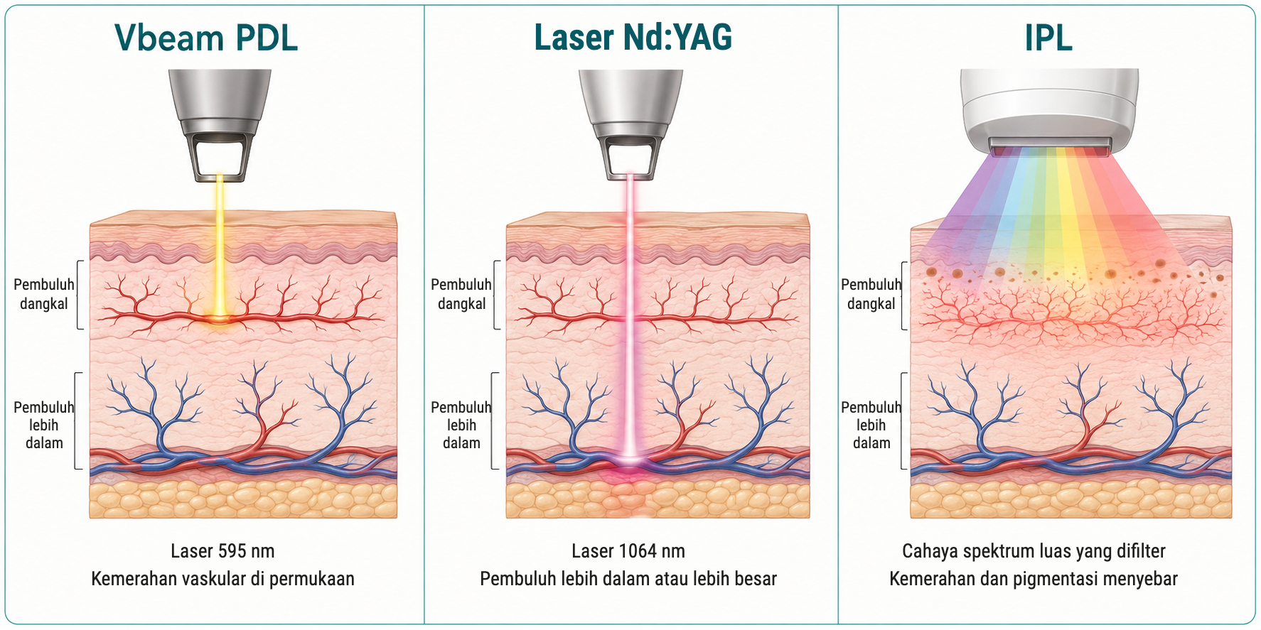 Perbandingan Vbeam PDL, laser Nd:YAG, dan IPL untuk pembuluh dangkal dan lebih dalam