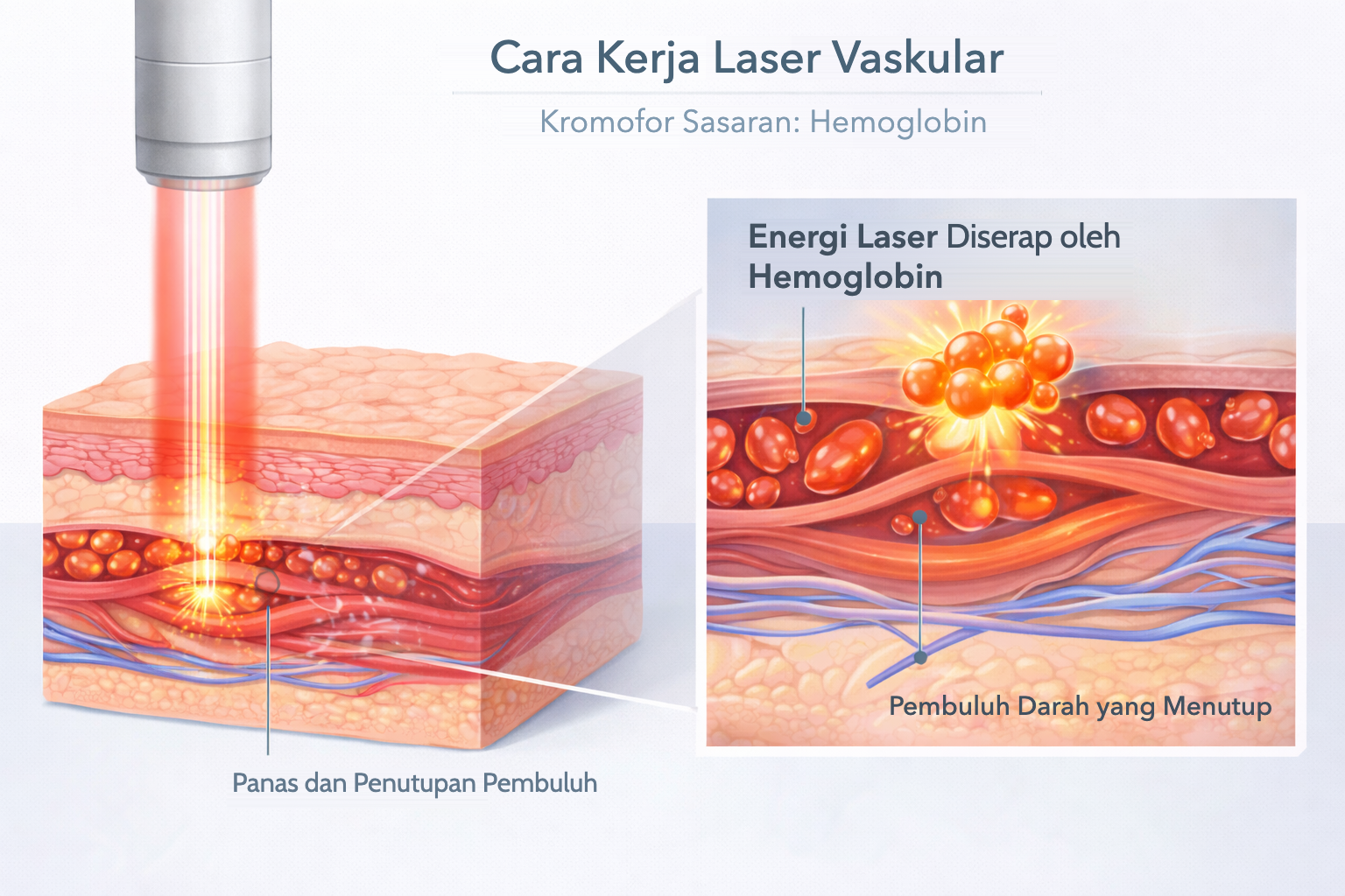 Cara kerja laser vaskular: energi laser diserap oleh hemoglobin dan pembuluh darah menutup