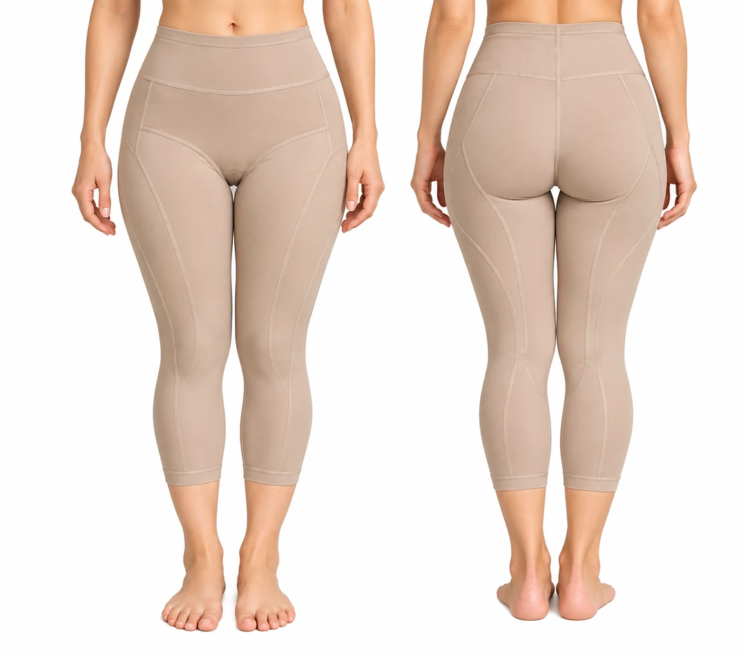 Front and back view of a compression garment worn during recovery after thigh reduction surgery.