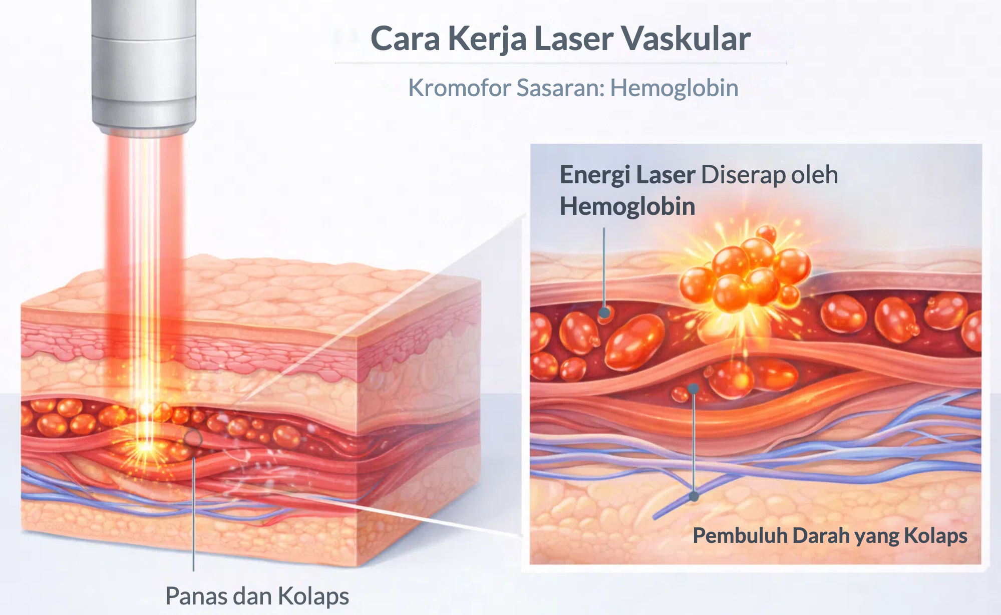 Cara kerja laser vaskular: energi laser diserap oleh hemoglobin sehingga pembuluh darah kolaps
