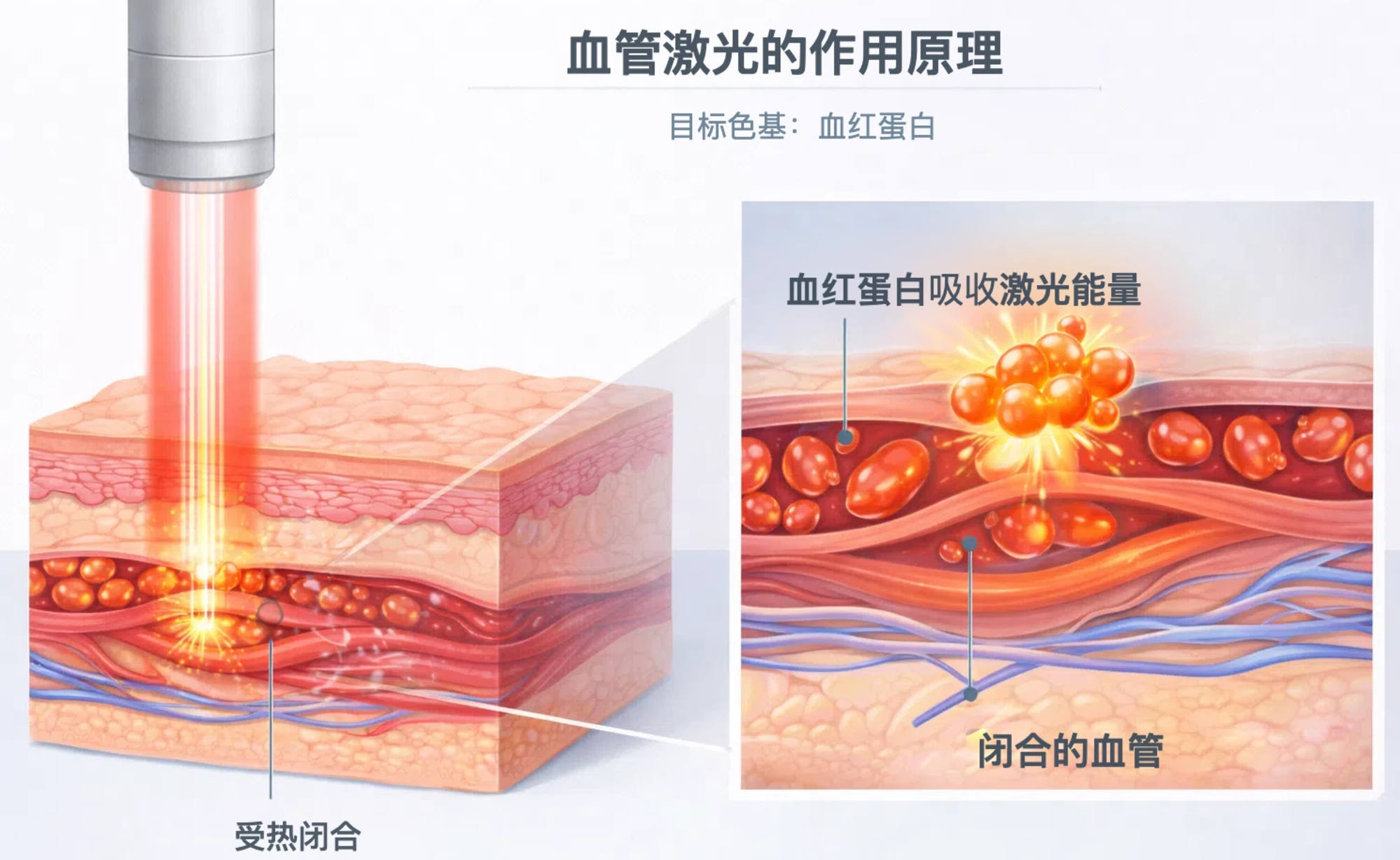 血管激光的作用原理：血红蛋白吸收激光能量