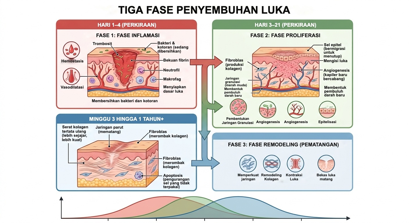 Tiga fase penyembuhan luka: peradangan, proliferasi, dan remodeling