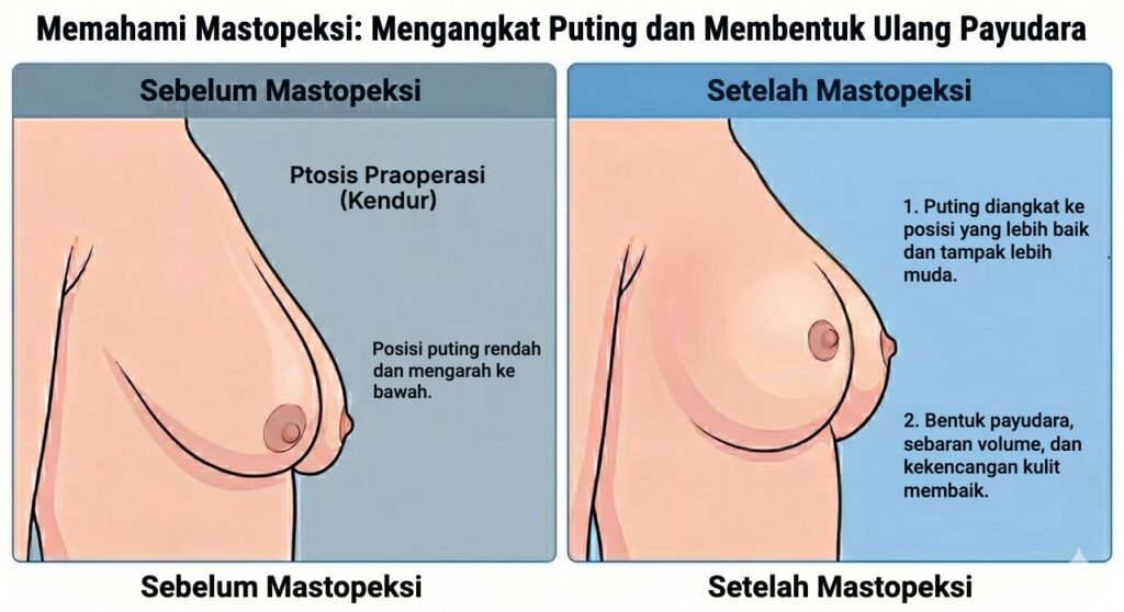 Diagram mastopeksi: payudara kendur sebelum operasi dan bentuk payudara setelah mastopeksi